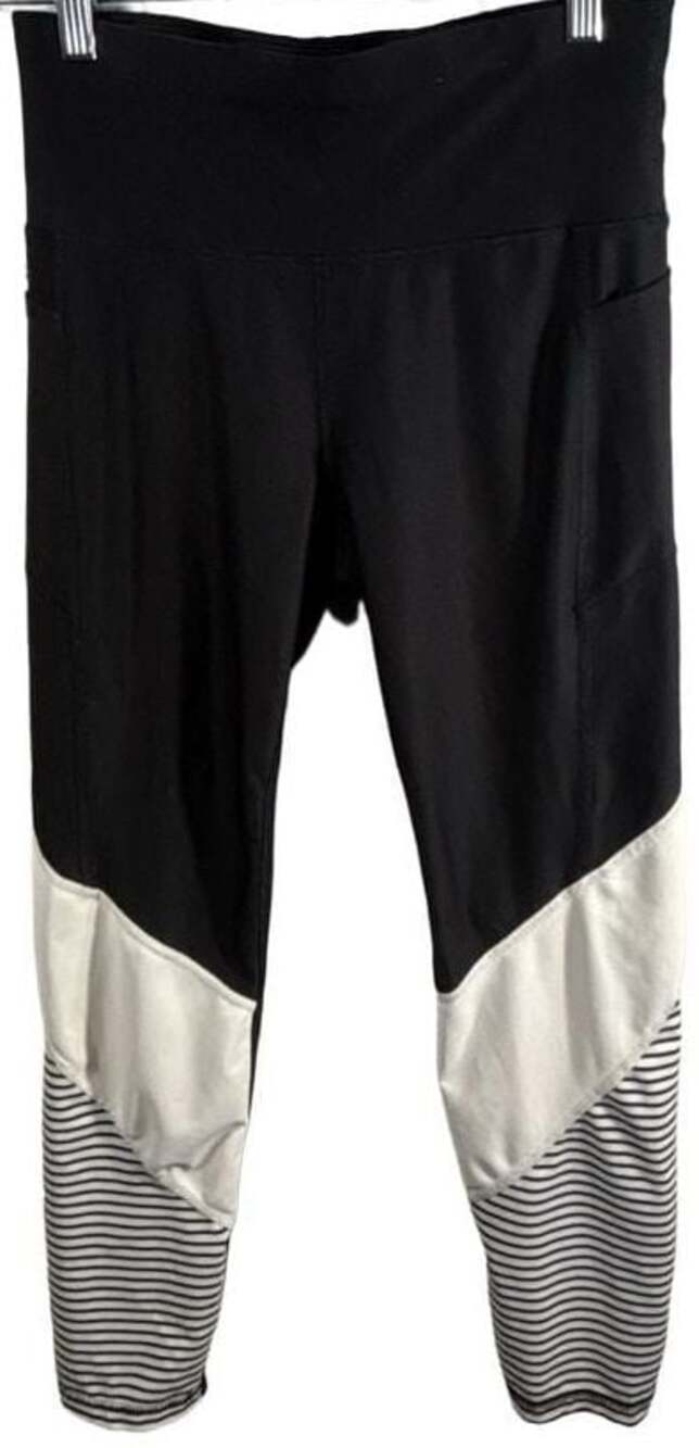 Xersion Women's Black White Colorblock Striped Pocket Leggings Size M
